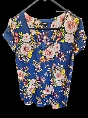 torrid Navy Floral V-Neck Blouse with Pink and Purple Blooms